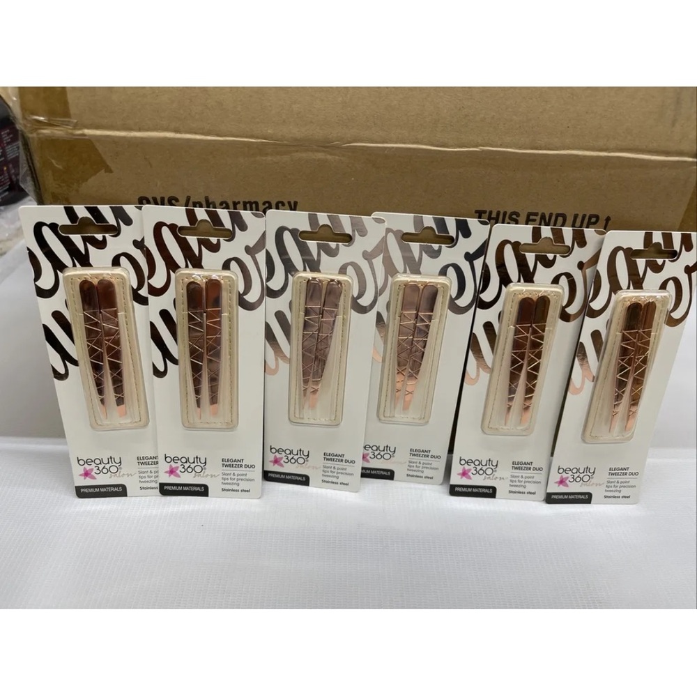 Wholesale 144 Beauty 360 Elegant Tweezer Duo Sets Rose Gold, Pouch Storage New